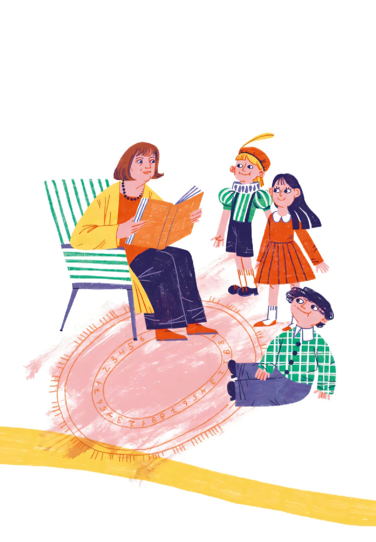 Иллюстрация: женщина читает детям книгу рядом с ковром