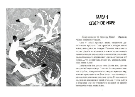 Разворот: рисунок чаек и начало главы «Северное море»