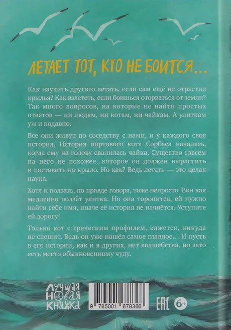 Бирюзовая задняя обложка с аннотацией, чайками, штрихкодом и маркировкой 6+