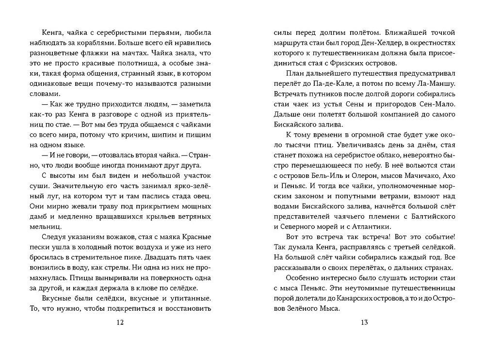 Текстовый разворот книги, страницы 12–13 о чайке Кенге