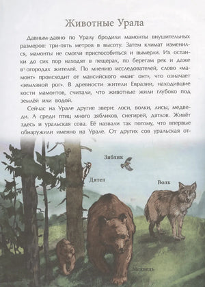 Страница «Животные Урала» с текстом и рисунками медведя, волка, дятла и зяблика