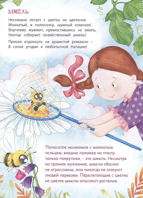 Страница «Шмель»: девочка ловит шмеля сачком на ромашке