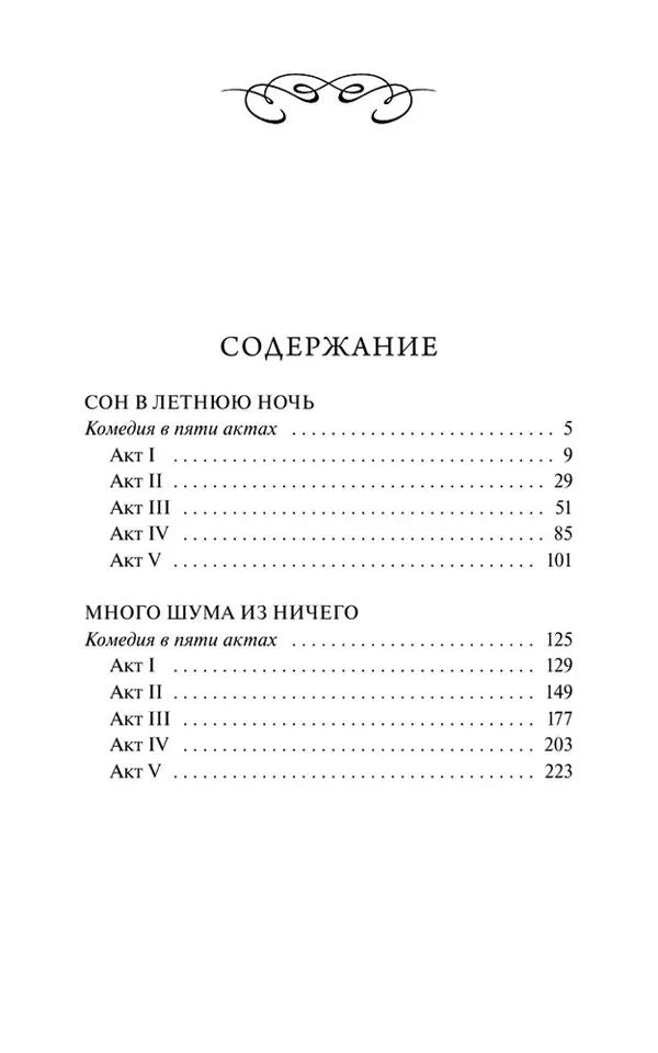 Страница содержания с актами пьес «Сон в летнюю ночь» и «Много шума из ничего»