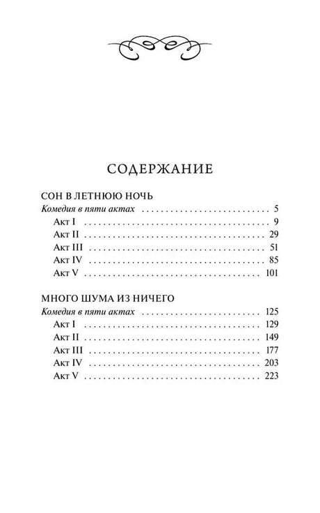 Страница содержания с актами пьес «Сон в летнюю ночь» и «Много шума из ничего»