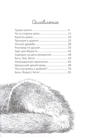 Оглавление с перечнем глав и рисунком спящего лисёнка
