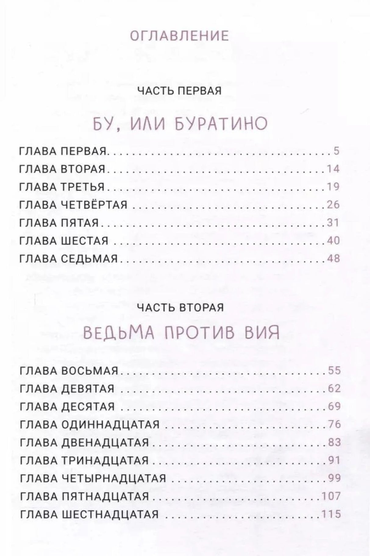 Оглавление с частями «Бу, или Буратино» и «Ведьма против Вия»