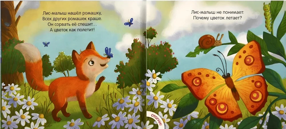 Разворот с лисёнком среди ромашек и большой бабочкой на листьях