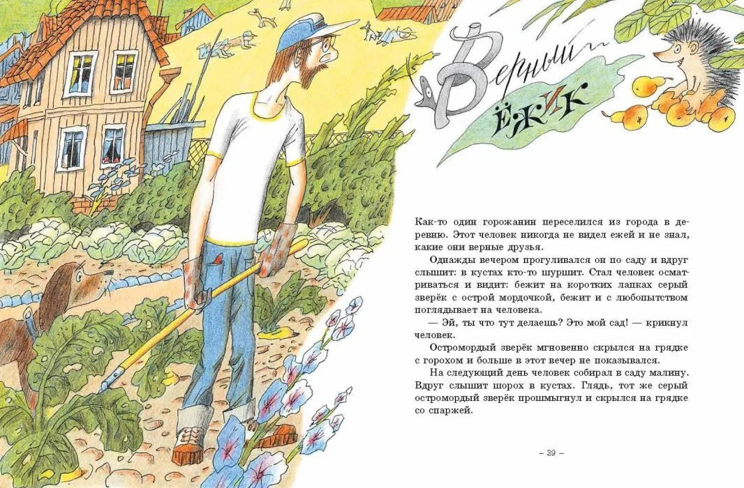 Разворот с иллюстрацией садовника и началом сказки «Верный ёжик», страница 39