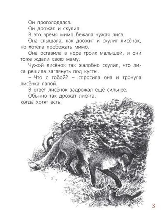 Страница 3 с текстом и чёрно-белой иллюстрацией лисы у лисёнка