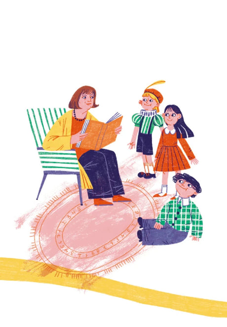 Иллюстрация: женщина читает детям книгу рядом с ковром