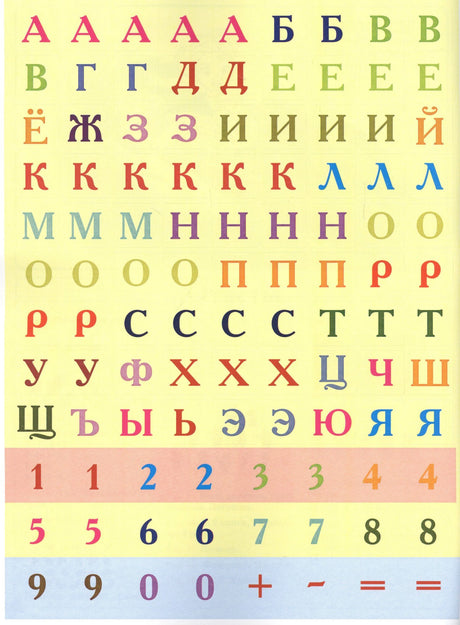 Лист с наклейками: цветные буквы русского алфавита и цифры