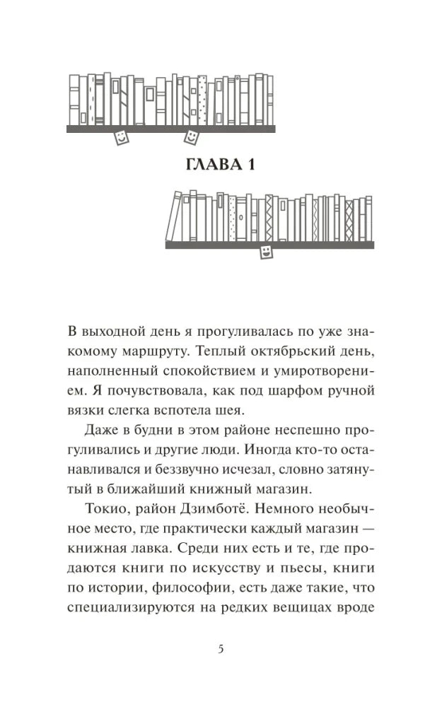 Начало главы 1 с рисунком книжных полок и первым текстом романа