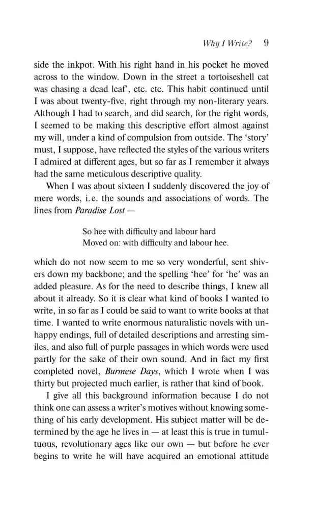 Страница 9 эссе Why I Write? с английским текстом и цитатой из Paradise Lost