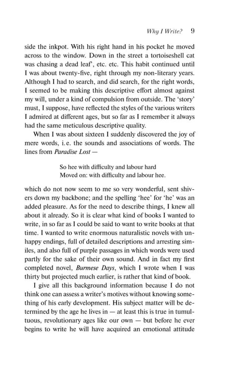 Страница 9 эссе Why I Write? с английским текстом и цитатой из Paradise Lost