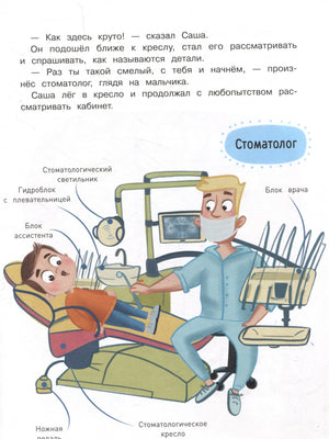 Стоматолог принимает мальчика, подписаны части стоматологического кресла
