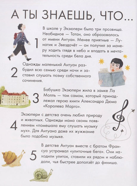 Страница «А ты знаешь, что…» с пятью фактами о детстве Экзюпери
