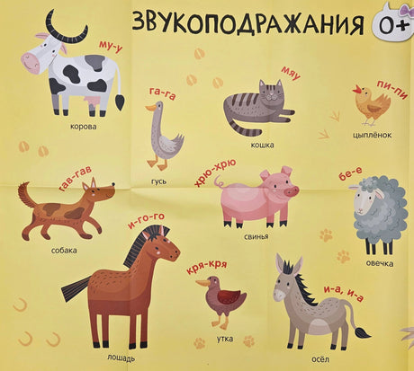 Плакат «Звукоподражания» с животными и подписями их звуков