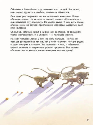 Текстовая страница об обезьянах с иллюстрацией бегущих обезьян