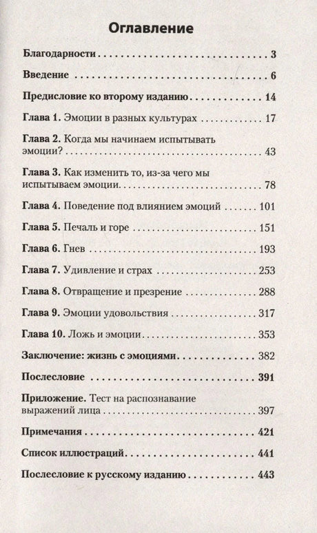 Оглавление книги: 10 глав об эмоциях, заключение, послесловие, приложение — тест на распознавание лица