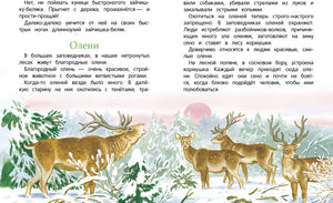 Разворот рассказа «Олени» с зимней иллюстрацией оленей.