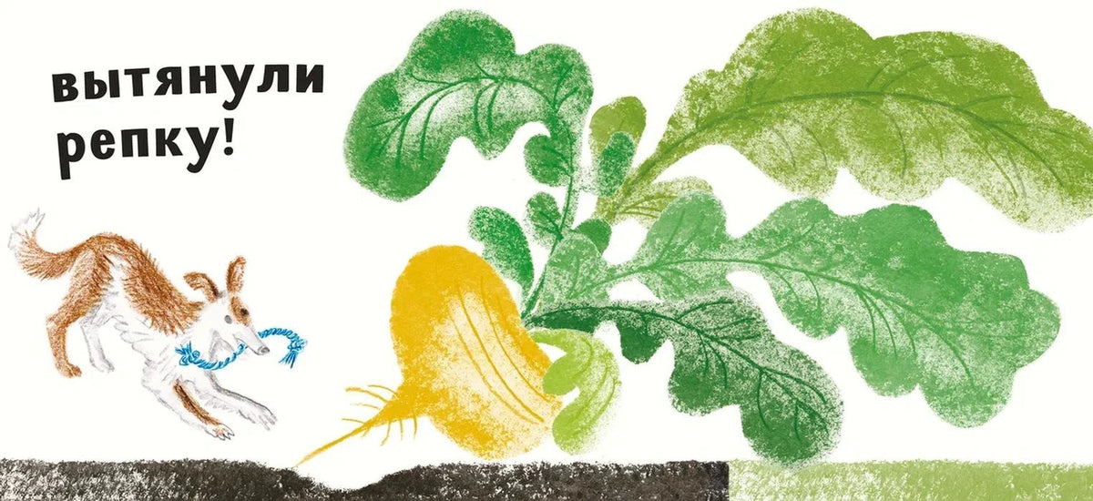 Разворот «Вытянули репку!» с собакой, репкой и зелёными листьями