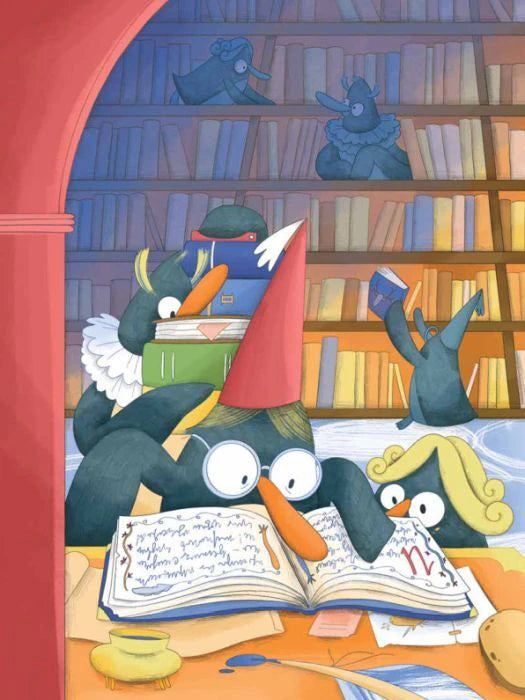 Пингвины ищут рецепт в библиотеке среди книг и свитков
