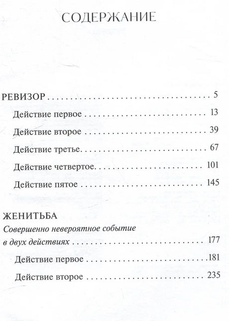 Страница содержания с разделами пьес «Ревизор» и «Женитьба».