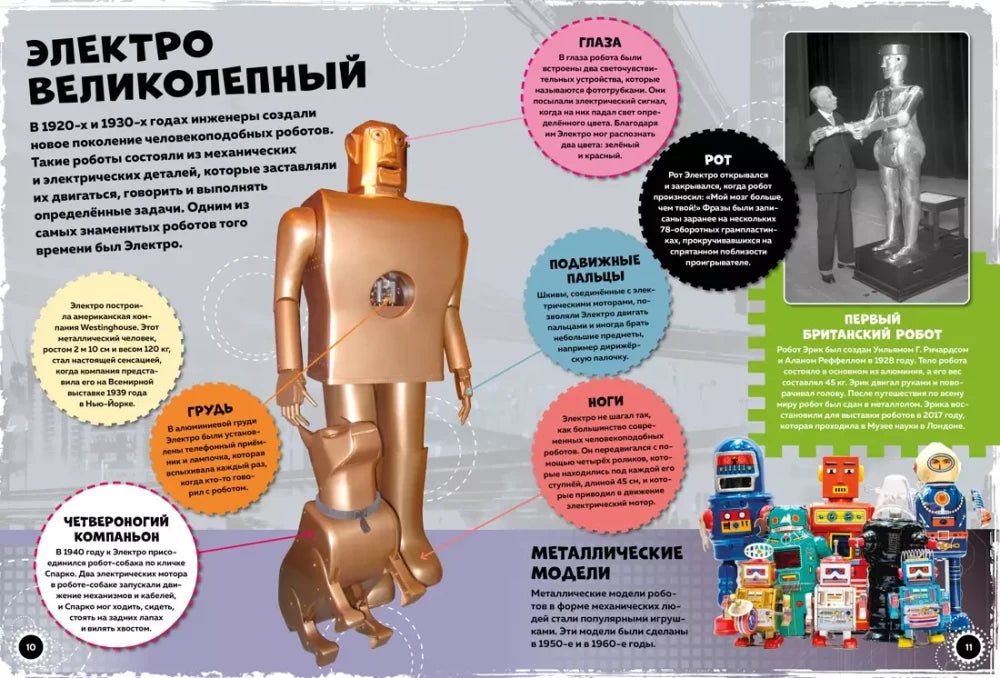 Разворот об Электро и первых роботах с цветными иллюстрациями