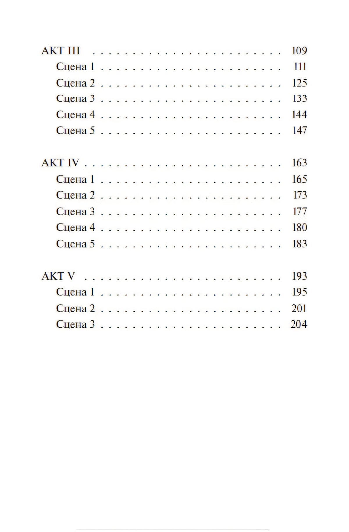 Вторая страница оглавления с актами III–V