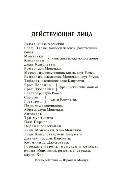 Страница «Действующие лица» трагедии «Ромео и Джульетта»