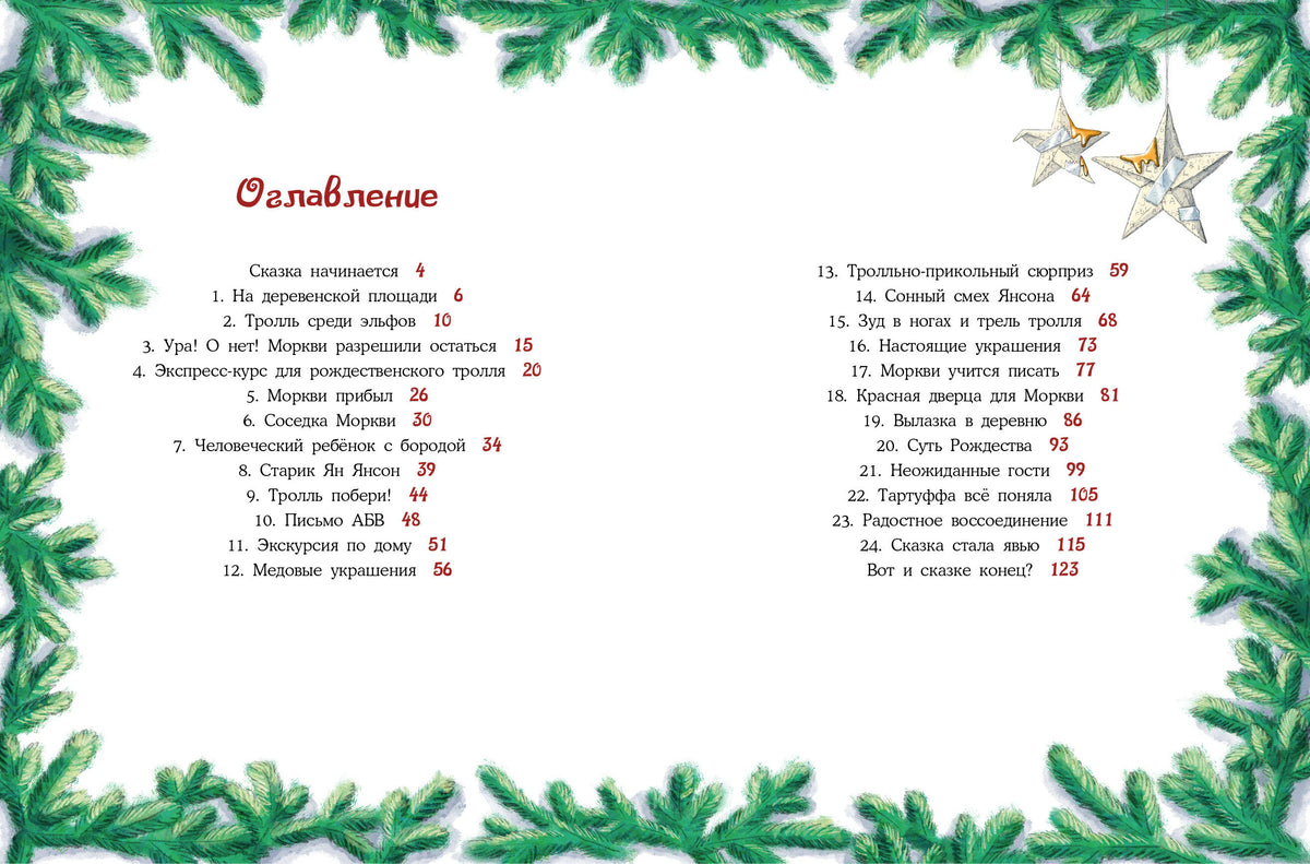 Разворот «Оглавление» с еловыми ветвями