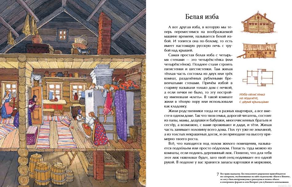 Внутреннее убранство русской избы. Иллюстрация из книги "Русская изба"