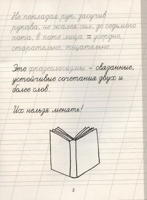 Страница 5 с определением фразеологизмов и рисунком раскрытой книги.