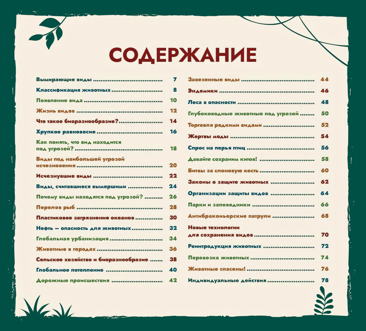 Страница содержания с перечнем разделов и номерами страниц