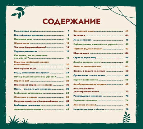 Страница содержания с перечнем разделов и номерами страниц