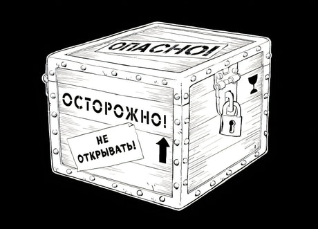 Чёрно-белый рисунок запертого ящика с надписями «Опасно» и «Не открывать».