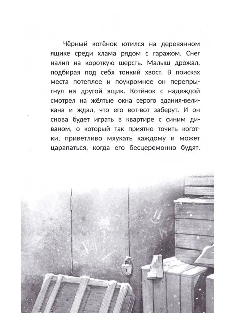 Текст рассказа и иллюстрация заснеженных гаражей и ящиков.