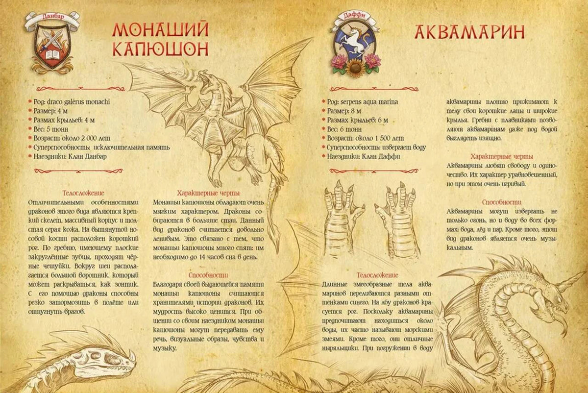 Разворот справочника о драконах «Монаший капюшон» и «Аквамарин».