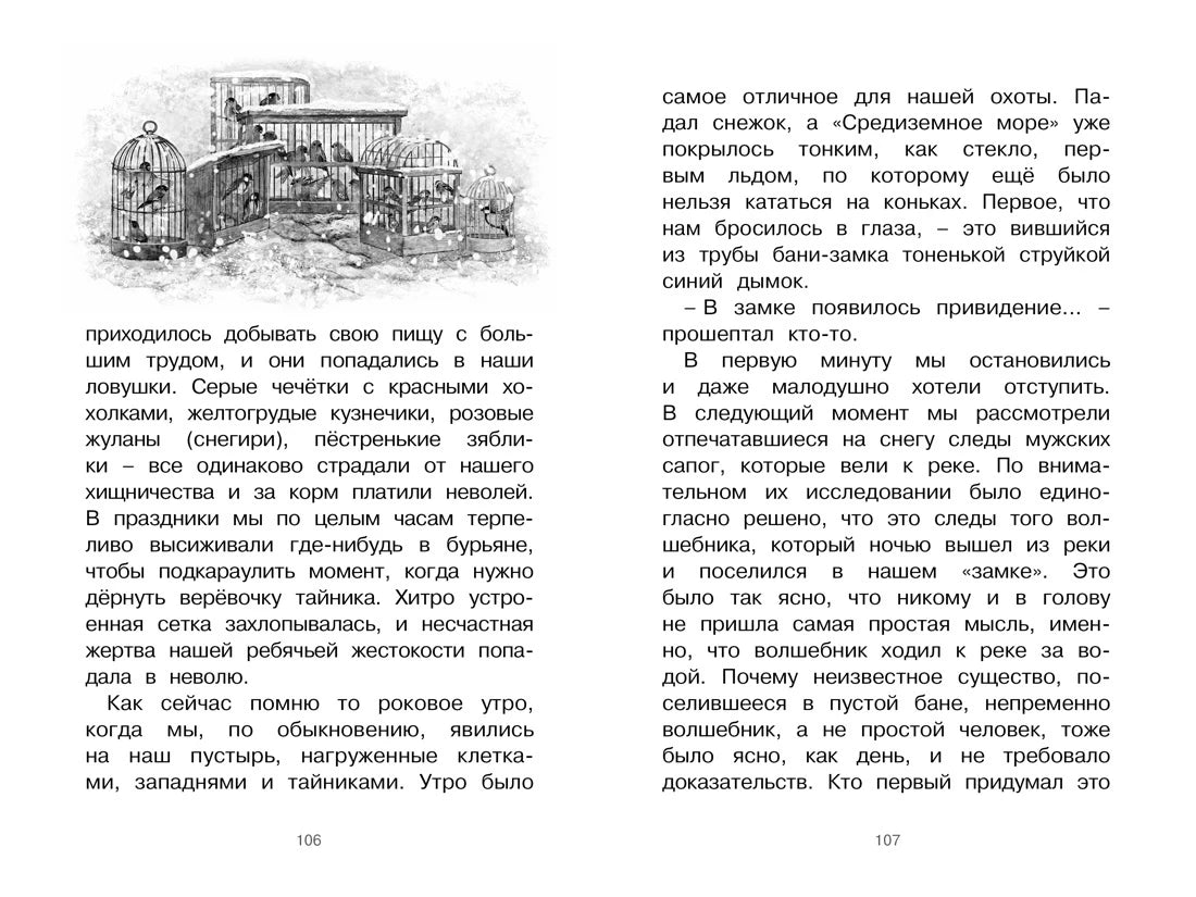 Разворот с текстом рассказа и рисунком клеток с птицами