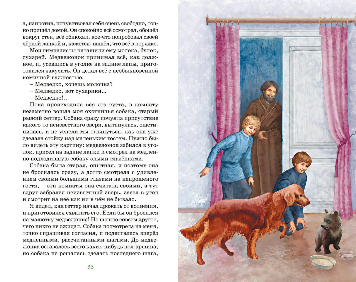 Разворот с текстом и рисунком: дети, рыжая собака и медвежонок в комнате