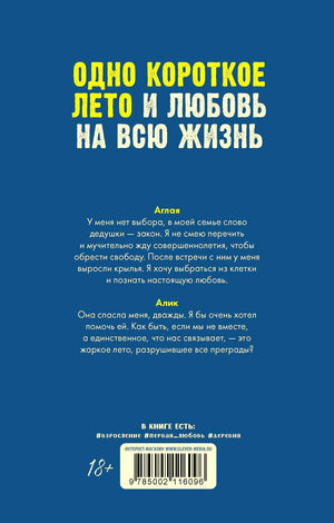 Синяя задняя обложка с аннотацией, отзывами героев и штрихкодом