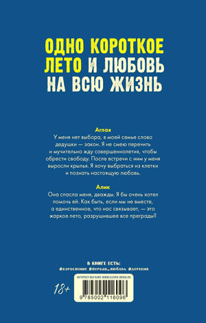 Синяя задняя обложка с аннотацией, отзывами героев и штрихкодом