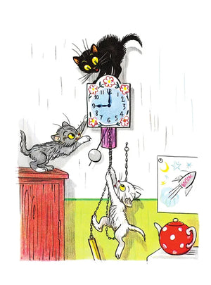 Иллюстрация с котятами у часов, чайником и игрушечной ракетой.