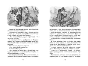 Разворот страниц 14–15 сказки о Кошке с рисунками кошки и Дикого Пса.