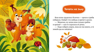 Разворот «Запасы на зиму» с белками, грибами и орехами.