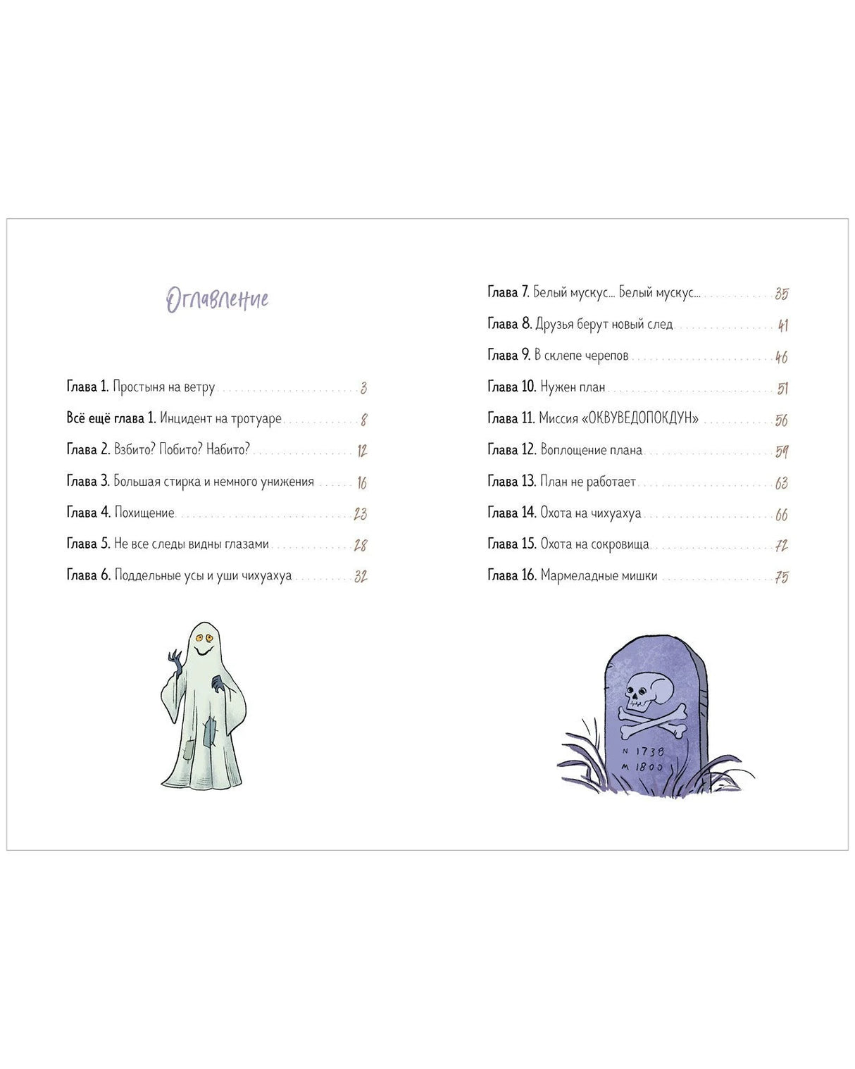 Разворот оглавления с названиями глав и номерами страниц.