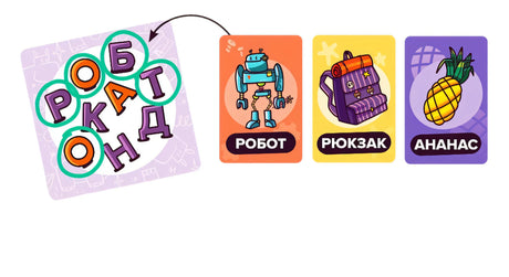 Игровые карточки «Словопотам» с буквами, роботом, рюкзаком и ананасом