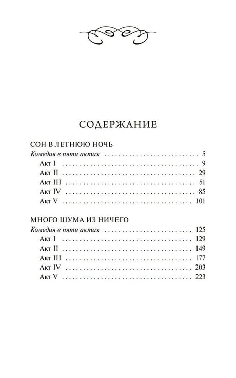 Страница содержания с актами пьес «Сон в летнюю ночь» и «Много шума из ничего»