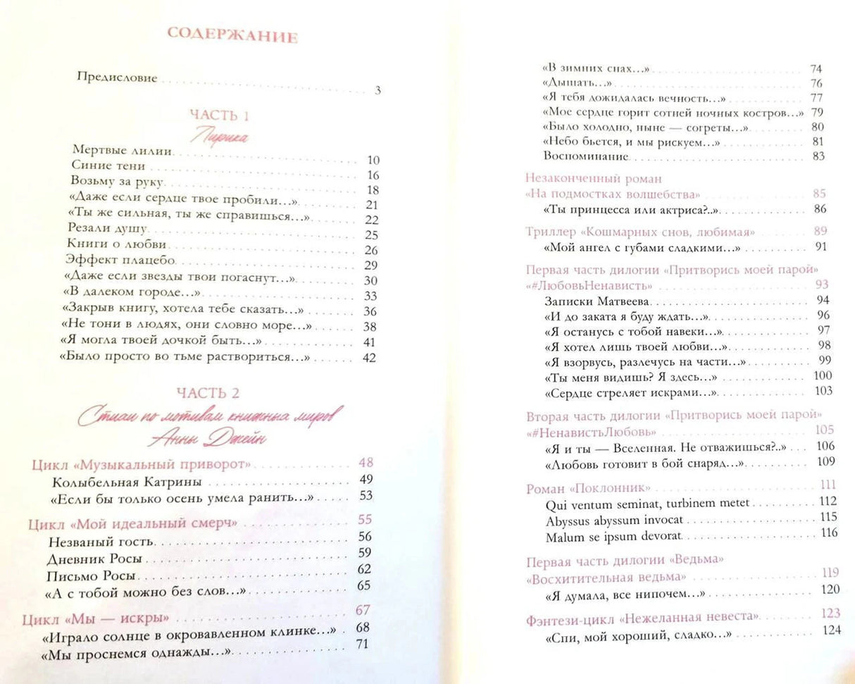 Разворот содержания со списком стихотворений и страниц