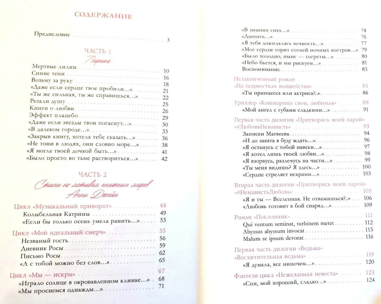 Разворот содержания со списком стихотворений и страниц